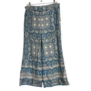 Feather Bone Blue White Wide Leg Pants Womens Sz 6 Paisley Boho Maximalist Loose